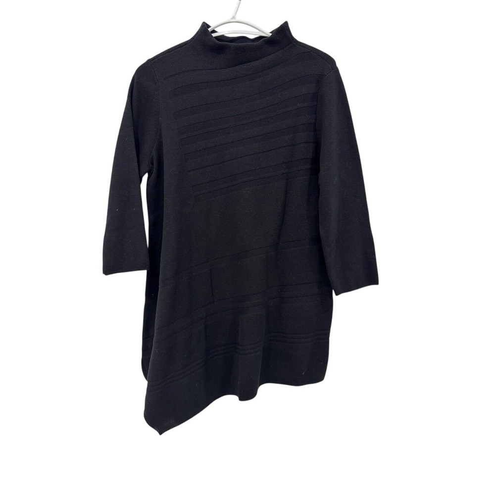 Chico's Black Asymmetrical Hem Knit Tunic Sweater Mock Neck 3/4 Sleeve sz 1(M)